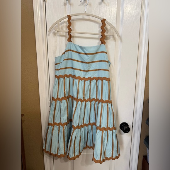 H082 Entro L pp18 unstretched Scalloped Light Blue and Tan Mini Dress side zip - Picture 2 of 12